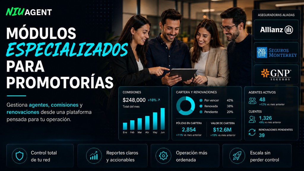 Módulos especializados para promotorías: gestiona agentes, comisiones y renovaciones