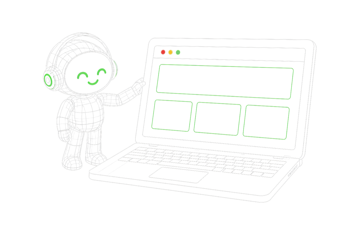 Nani señalando una laptop con una landing page y un calendario de citas flotando al lado